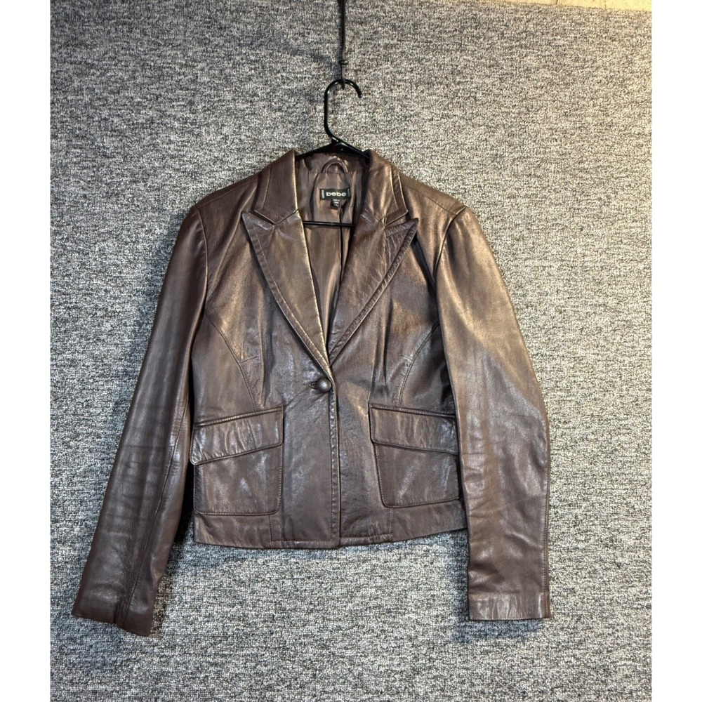 bebe Chocolate Brown Genuine Leather Single Button Blazer Jacket Large 13577101